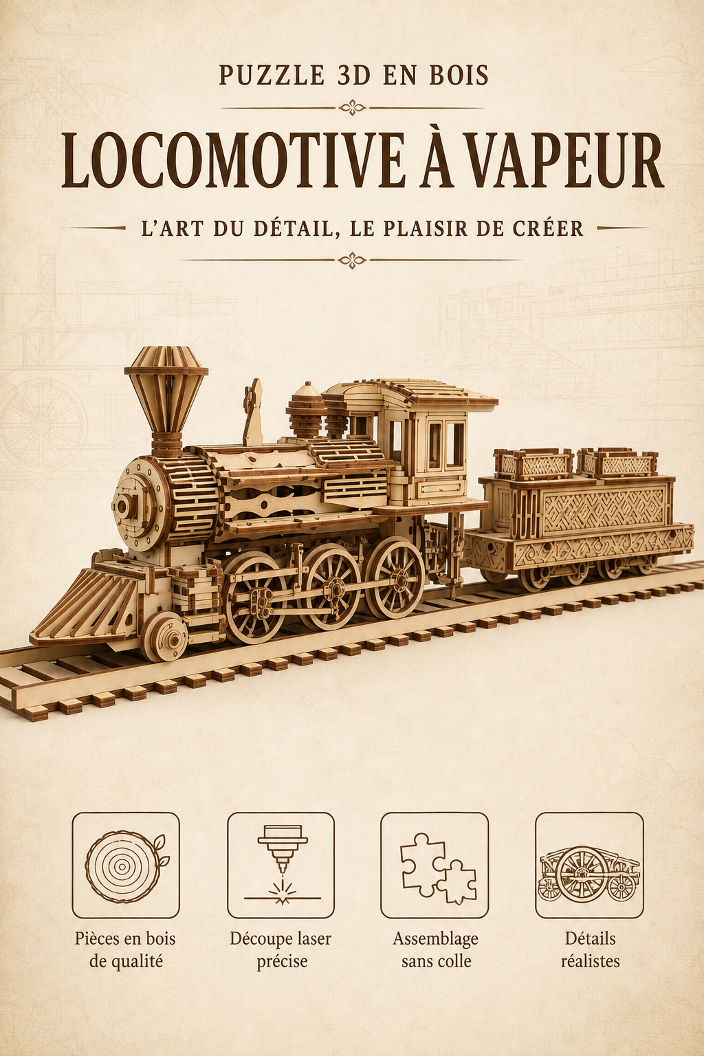 Puzzle 3D en bois – Locomotive à vapeur