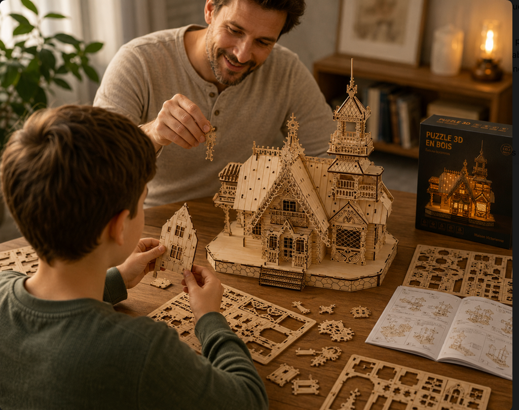 Un père et son fils assemblent ensemble la maquette de la maison victorienne en bois