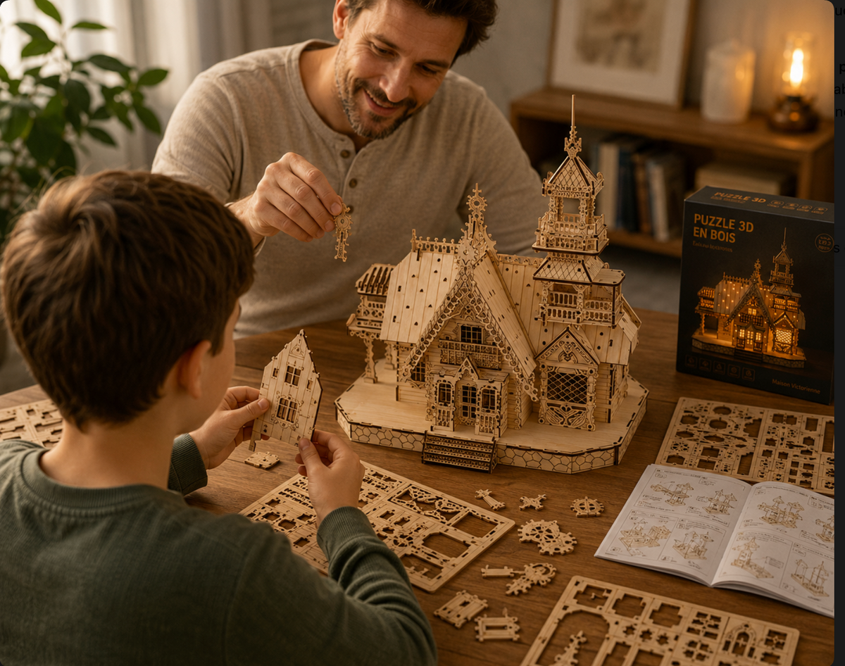 Un père et son fils assemblent ensemble la maquette de la maison victorienne en bois